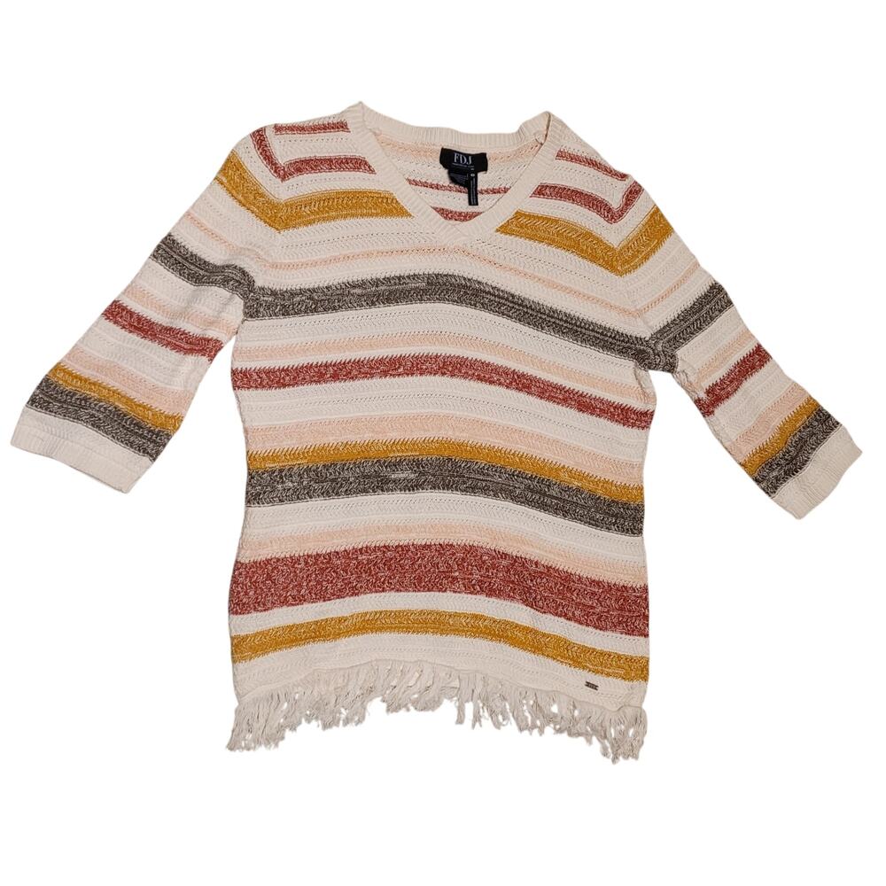 FDJ Collections Womens V-neck Stripped  Sweater with Tassels US Size M EUC